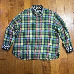 Tailor Vintage Multicolor Plaid Shirt Size XXL 100% Linen Floral Preppy Retro
